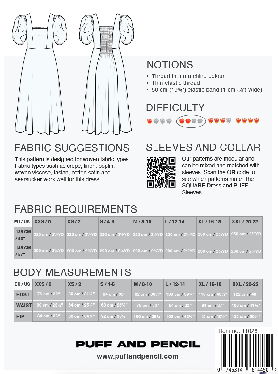 Puff and Pencil Square Neck Dress with Puff Sleeves - Paper Pattern
