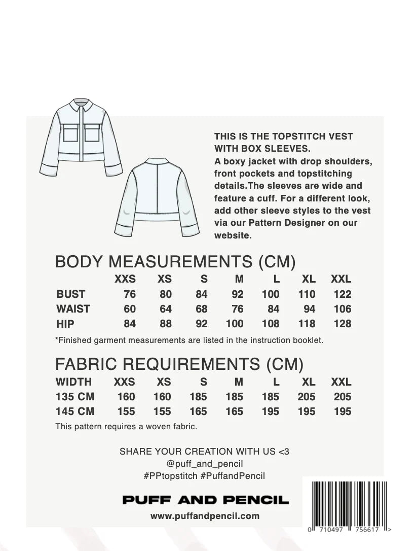 Puff and Pencil Topstitch Vest with Box Sleeves - Paper Pattern