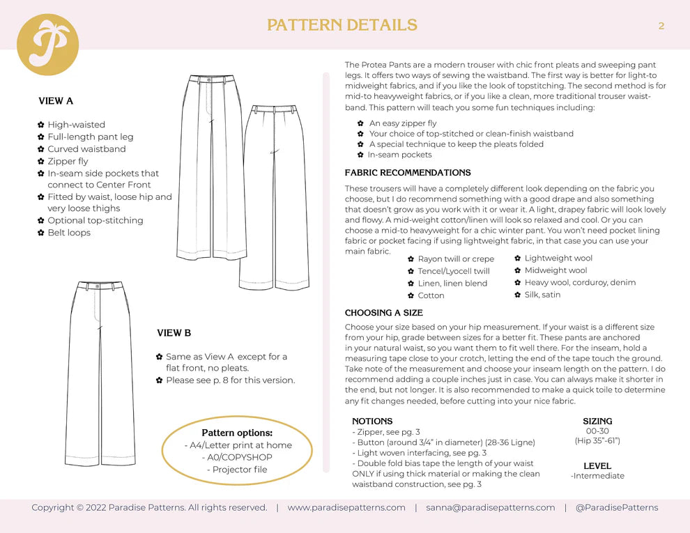 Paradise Patterns Protea Pants - PDF Pattern