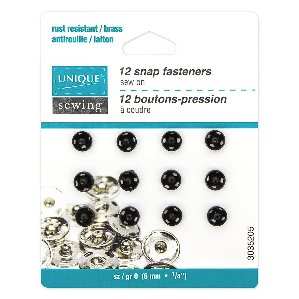 Snap Fasteners Black - size 0 / 6mm (1⁄4″) -12 sets