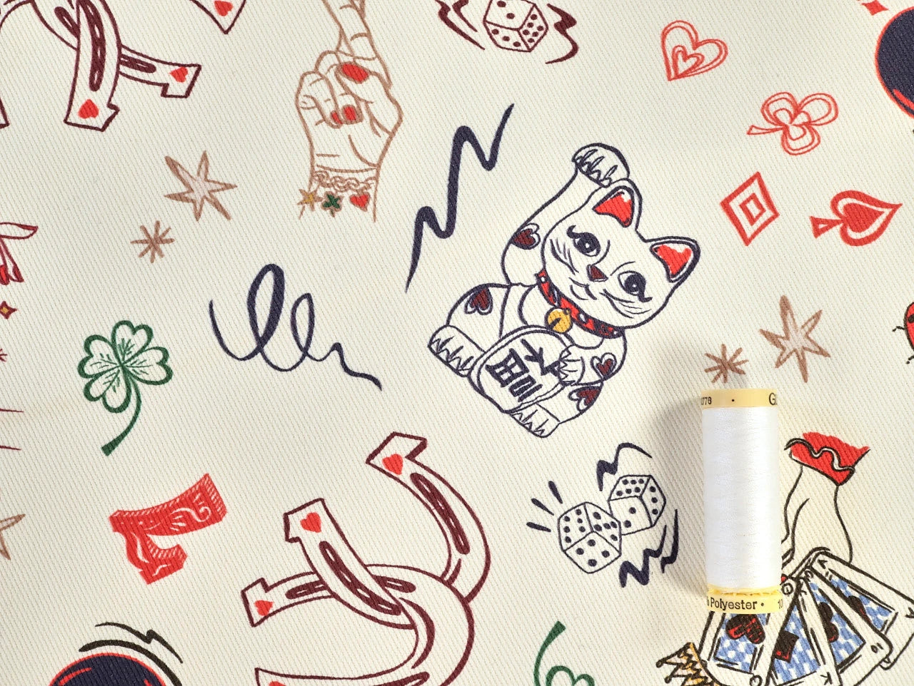 Lucky Cat Print Cotton Denim - per 1/2M