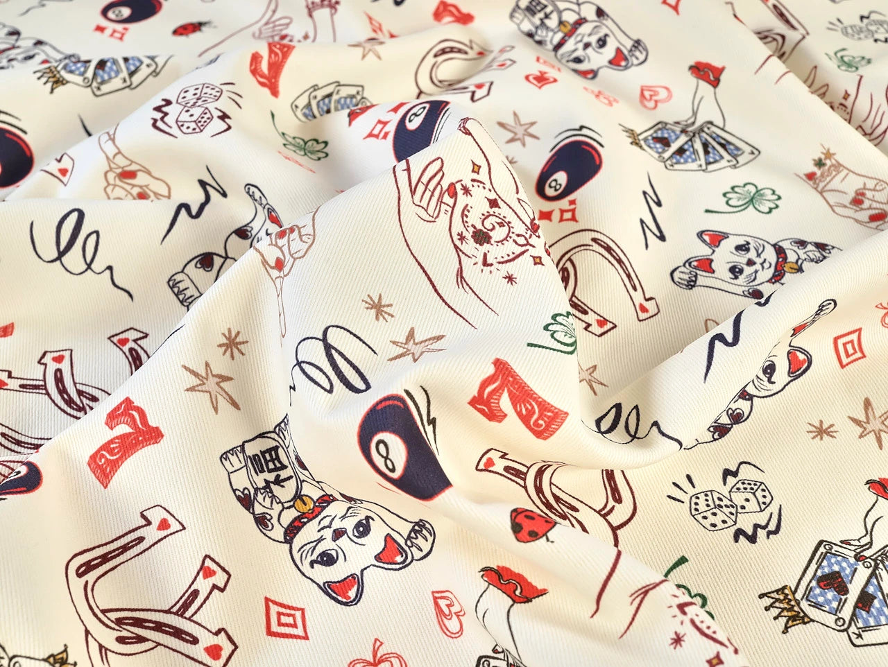 Lucky Cat Print Cotton Denim - per 1/2M