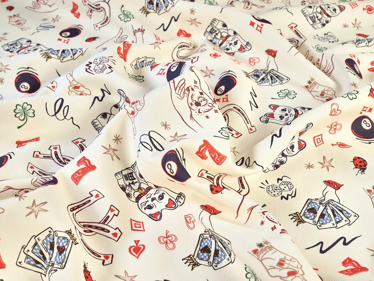 Lucky Cat Print Cotton Denim - per 1/2M