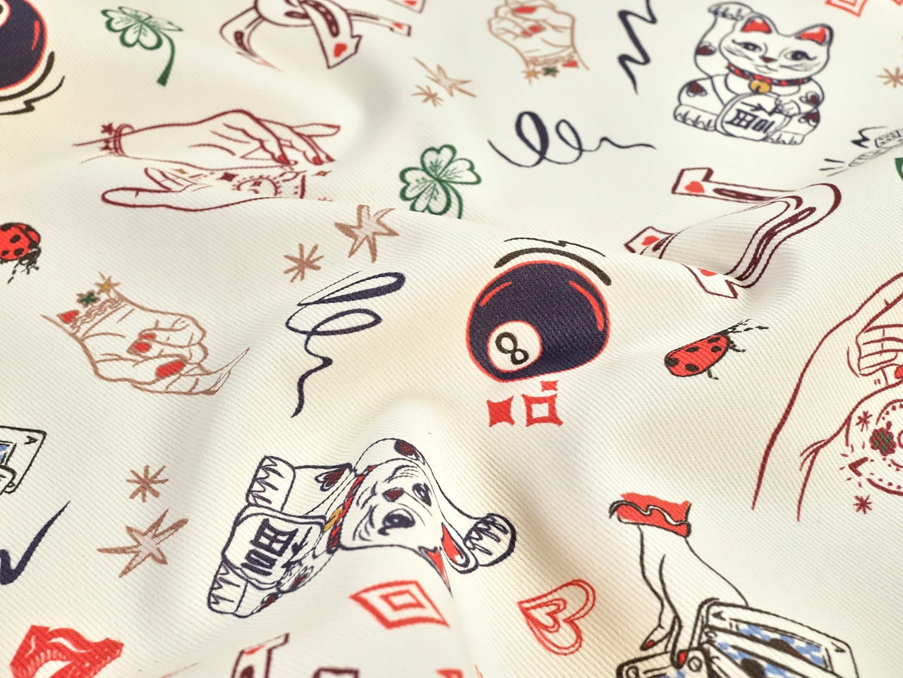 Lucky Cat Print Cotton Denim - per 1/2M