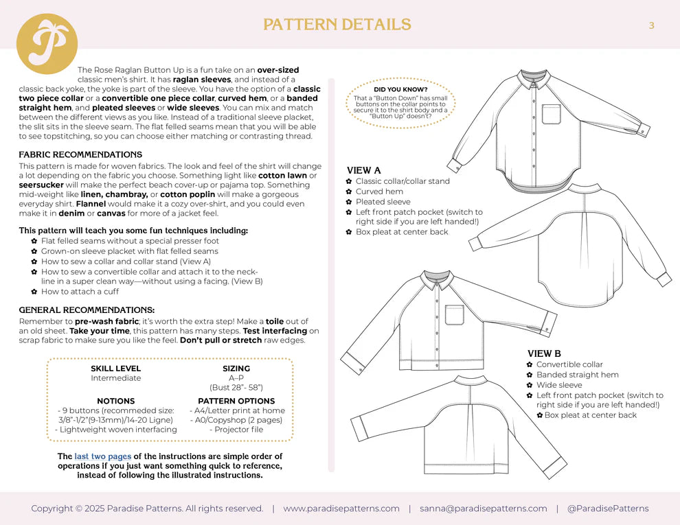 Paradise Patterns Rose Raglan - PDF Pattern