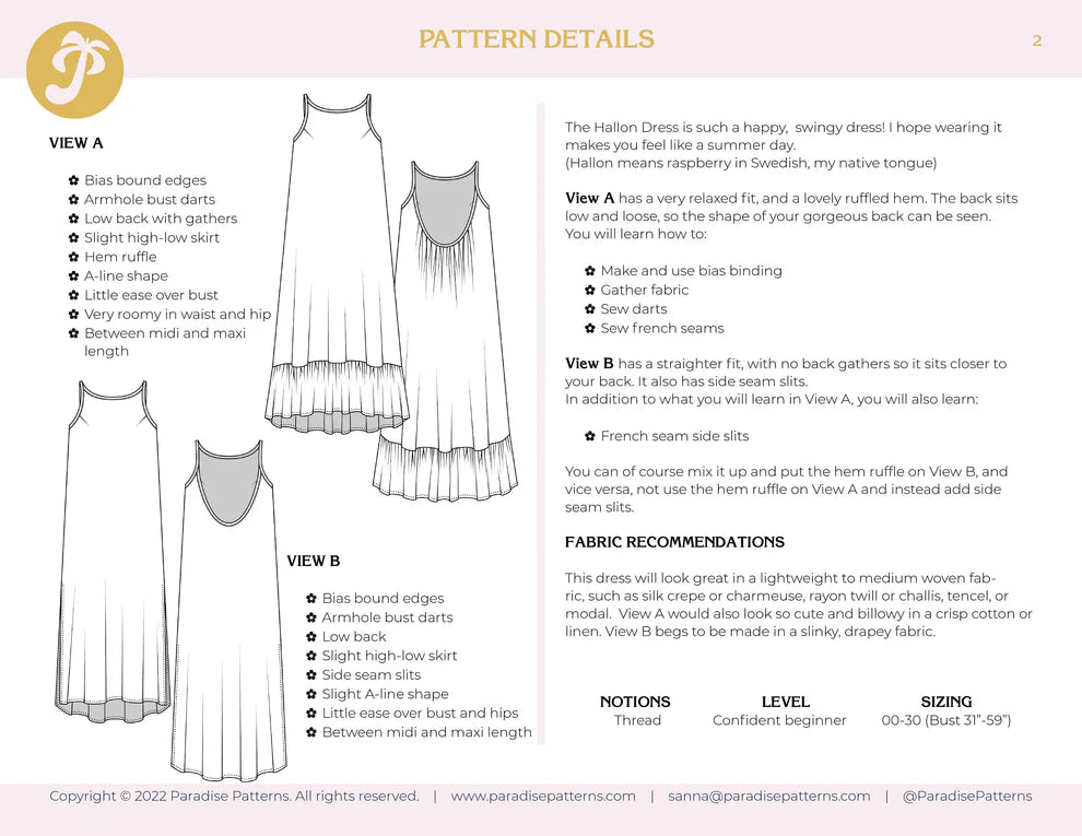 Paradise Patterns Hallon Dress - PDF Pattern