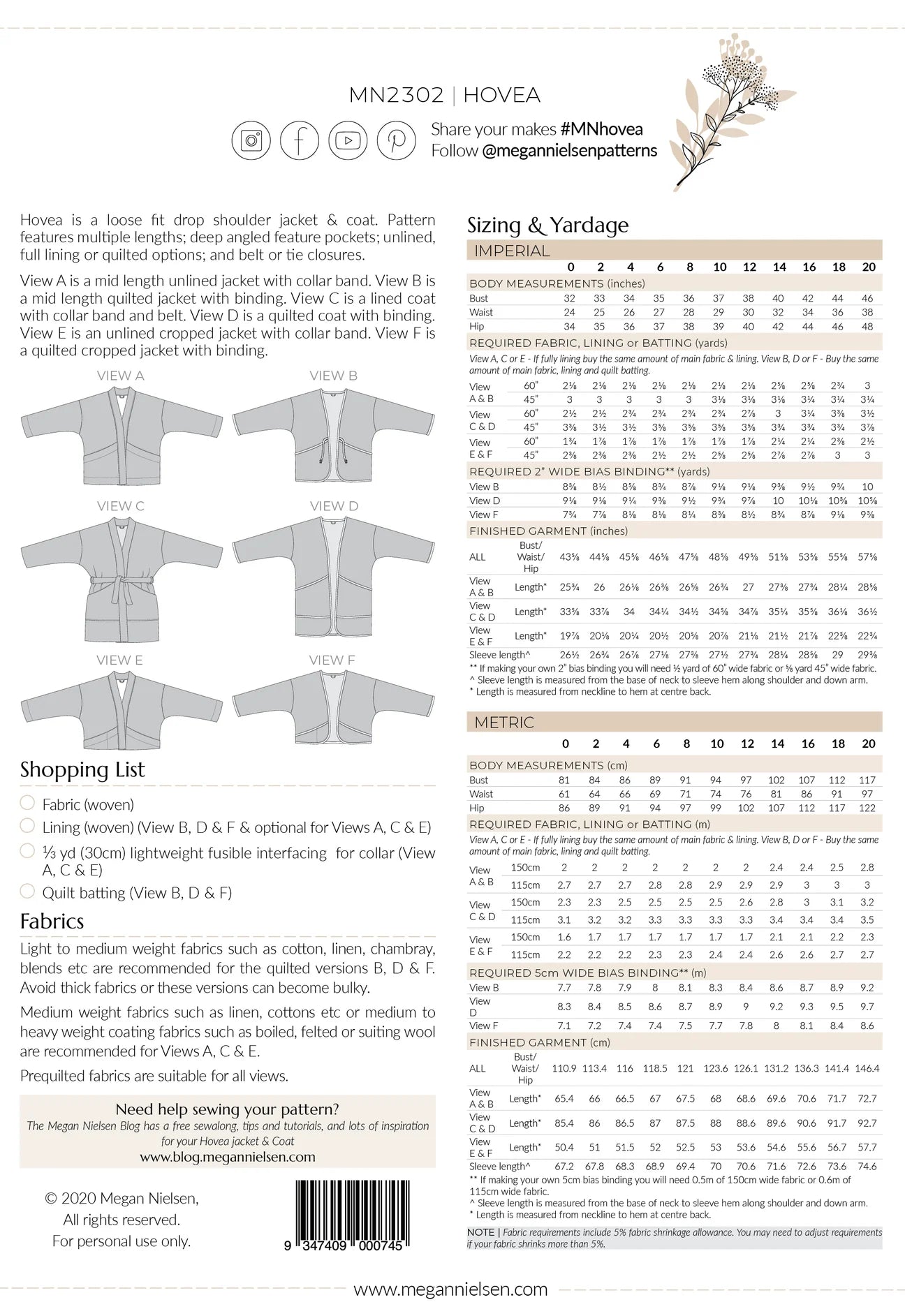 Megan Nielsen Hovea Jacket (Paper Pattern)